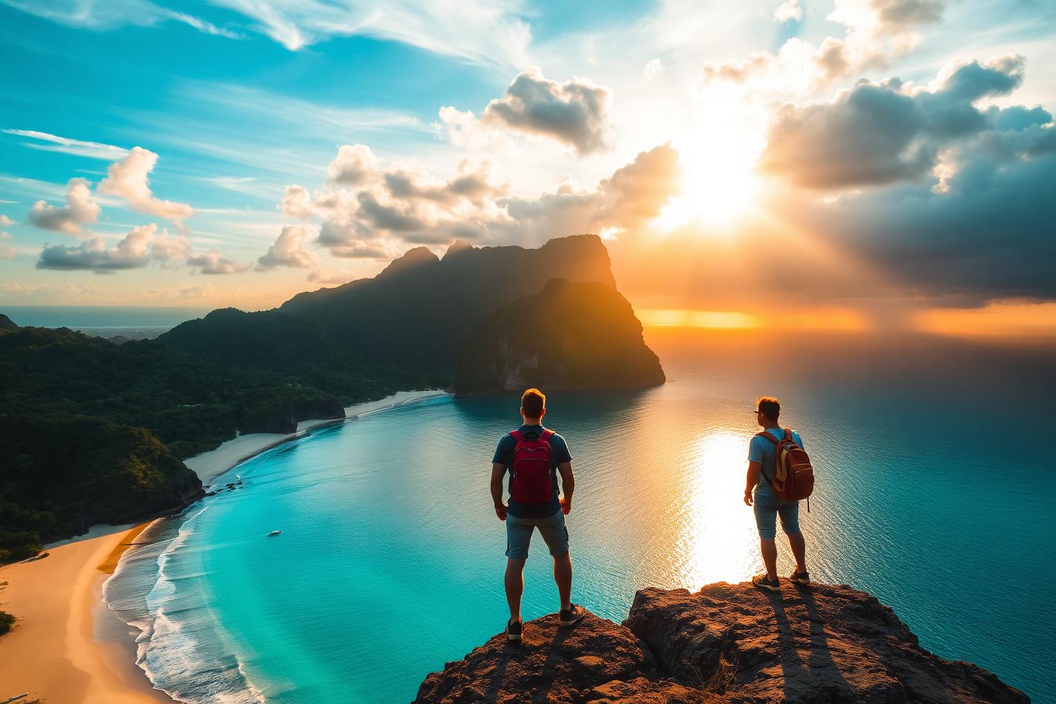 Viaggiatori in spiaggia al tramonto